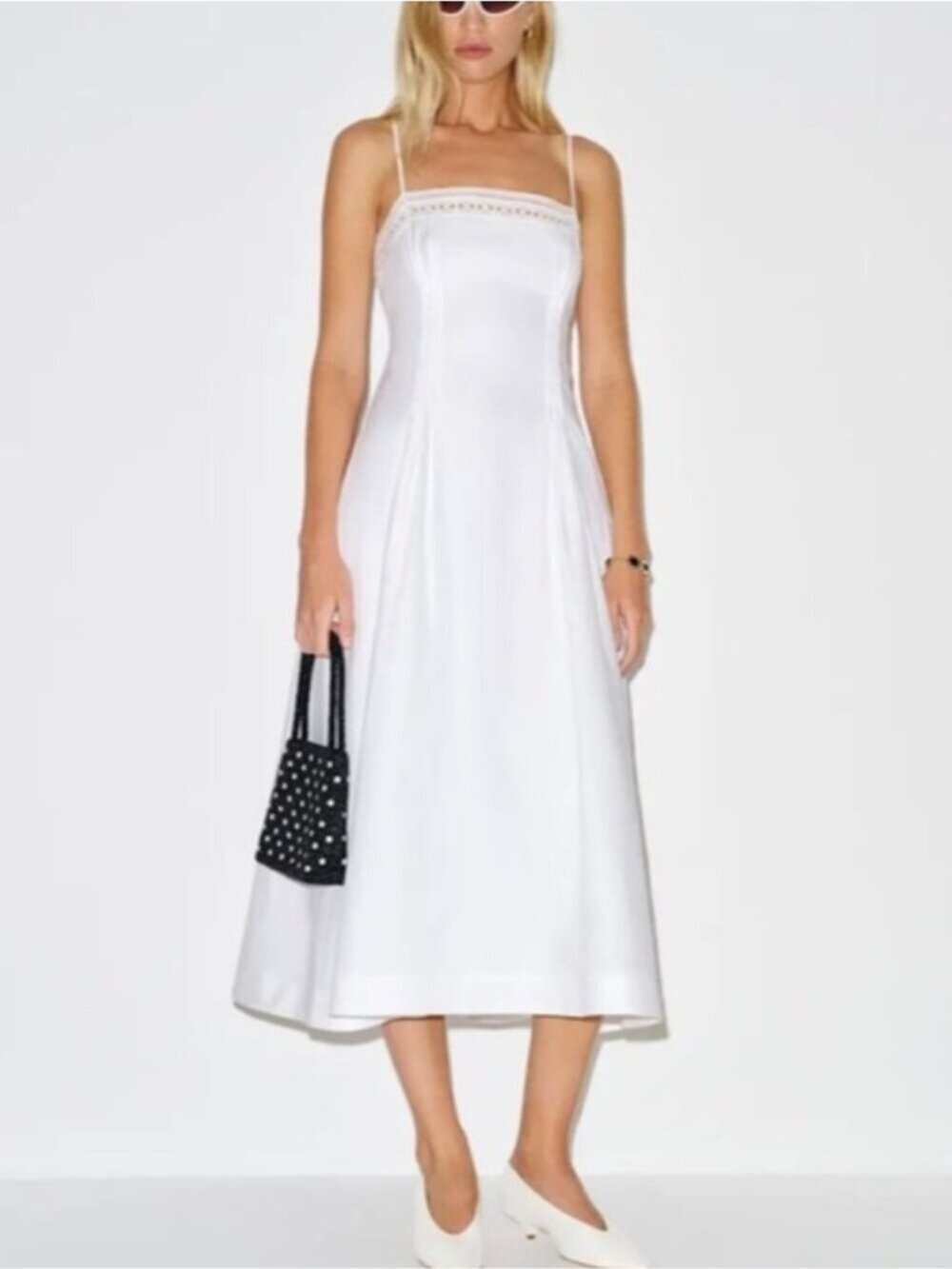 NEW Reformation Pomona Linen Lace Trim Midi Dress White | US 2 UK 6